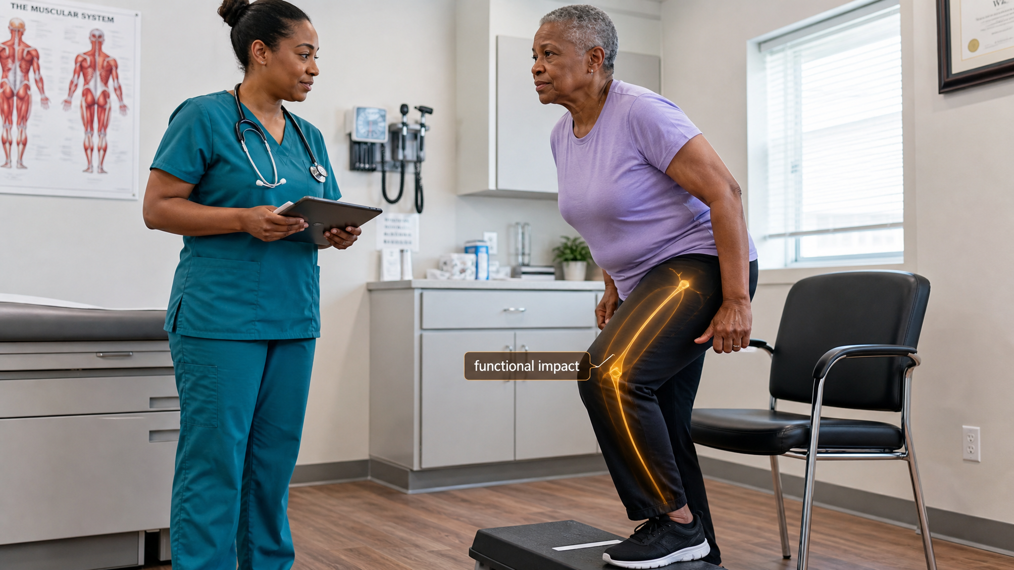 Older Black woman veteran in her 70s performing a functional step-up and sit-to-stand test while a clinician observes, warm amber femoral-nerve glow with a functional impact label