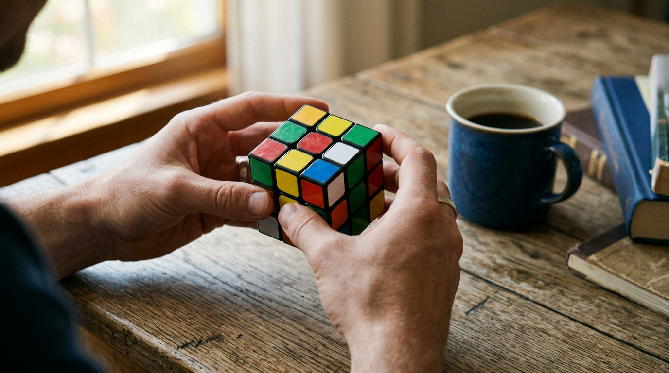 Mãos resolvendo cubo mágico representando agilidade cognitiva e exercícios mentais