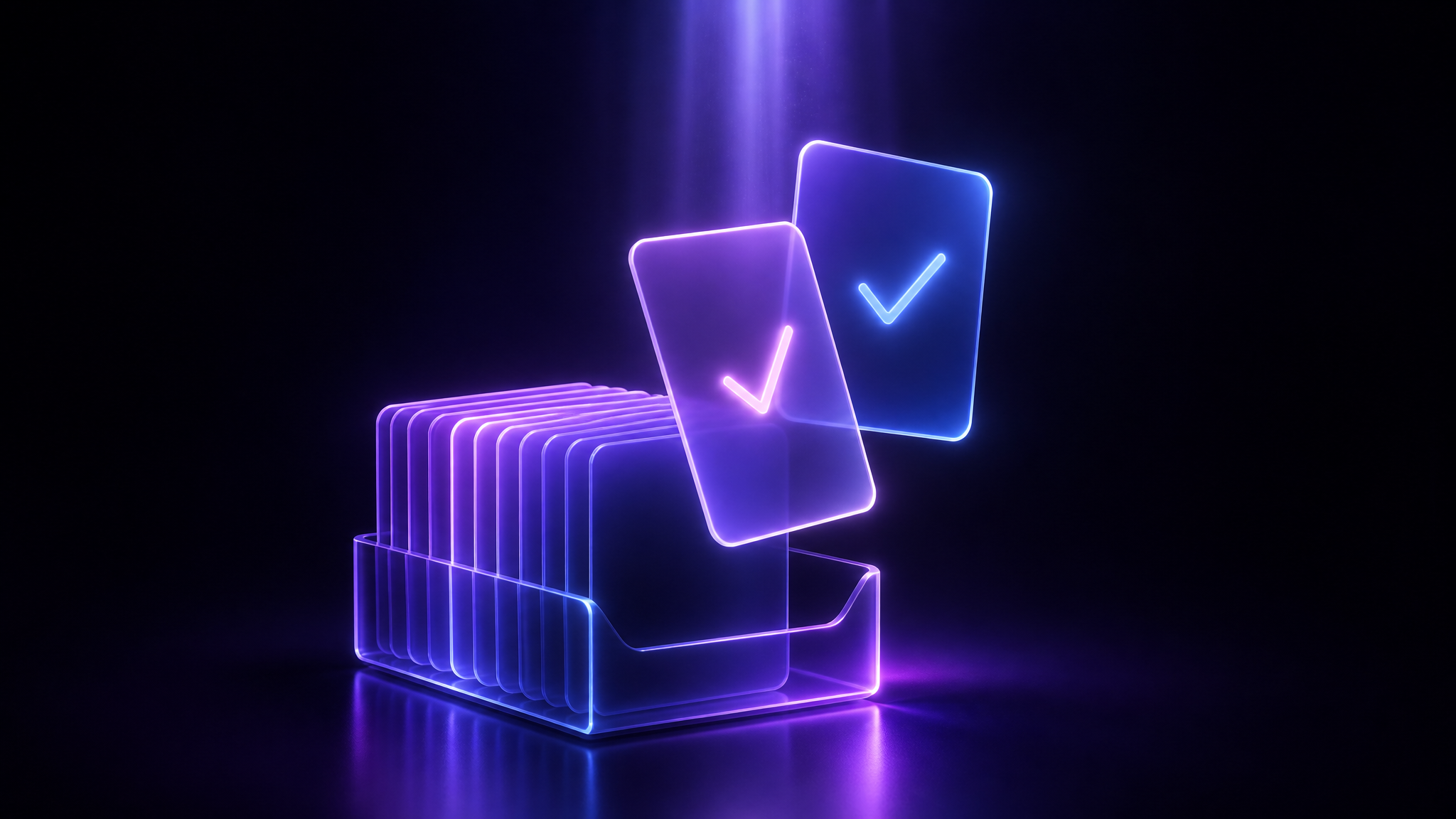 A stack of translucent glowing cards being sorted, with two cards lifted forward under a beam of light and marked with small glowing ticks