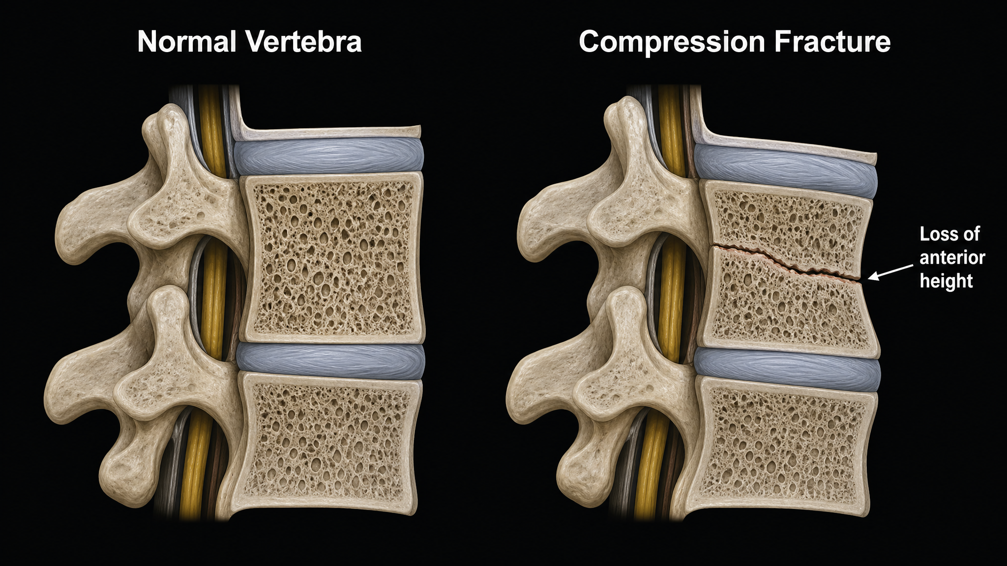 Cross-section illustration comparing a healthy thoracic vertebra with a compression-fractured vertebra showing anterior wedging and loss of body height