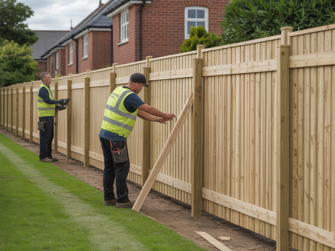 Professional wooden fence installation in residential setting