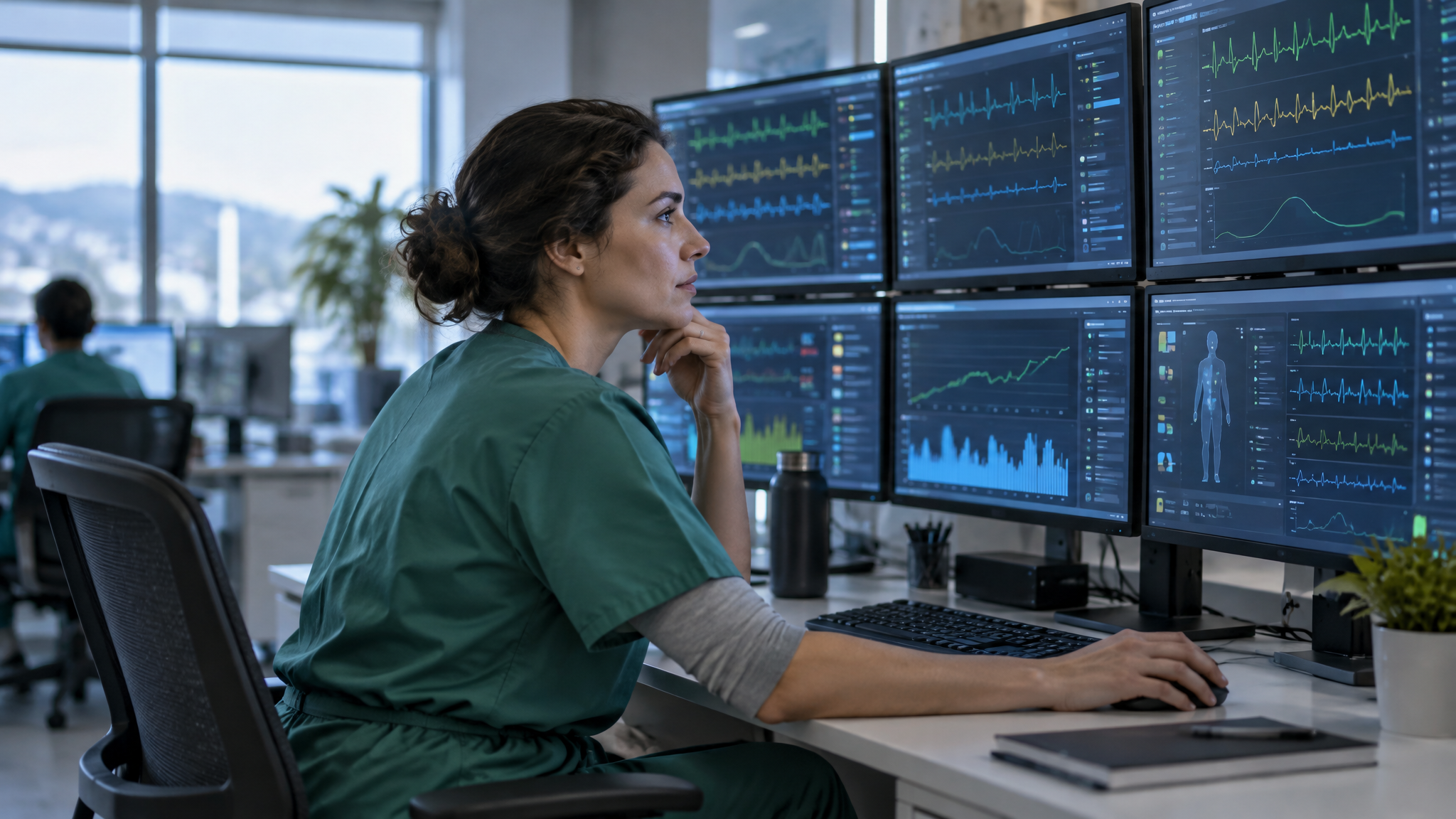 Nurse in a remote monitoring center reviewing patient vital sign dashboards on multiple screens