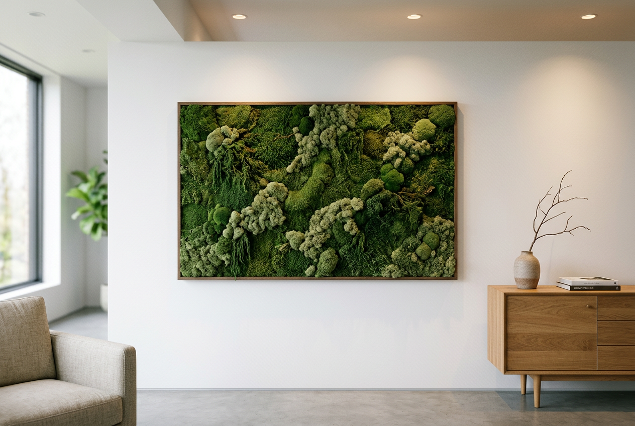 Large preserved-moss living wall panel in a modern interior