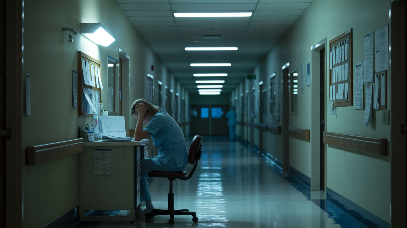 Exhausted nurse working alone at an understaffed hospital station