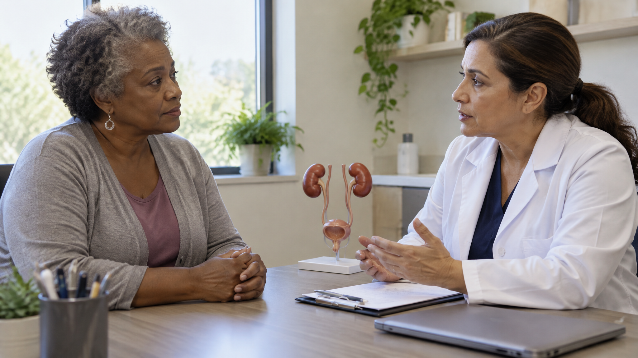 A woman veteran discussing her bladder symptoms with a female urologist beside a model of the urinary system