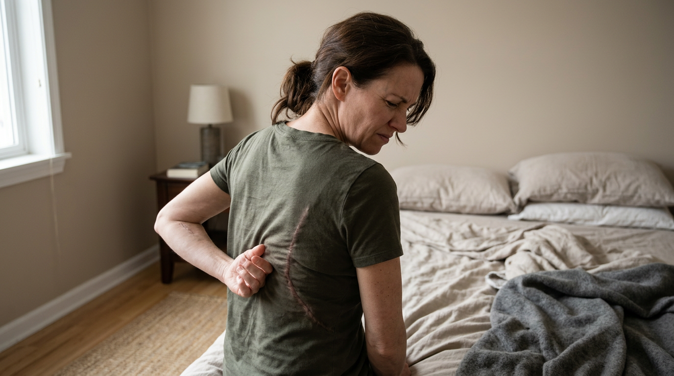 White woman veteran in a bedroom with a visible scar on her upper back partially revealed through a loose shirt showing the chronic nature of scarring
