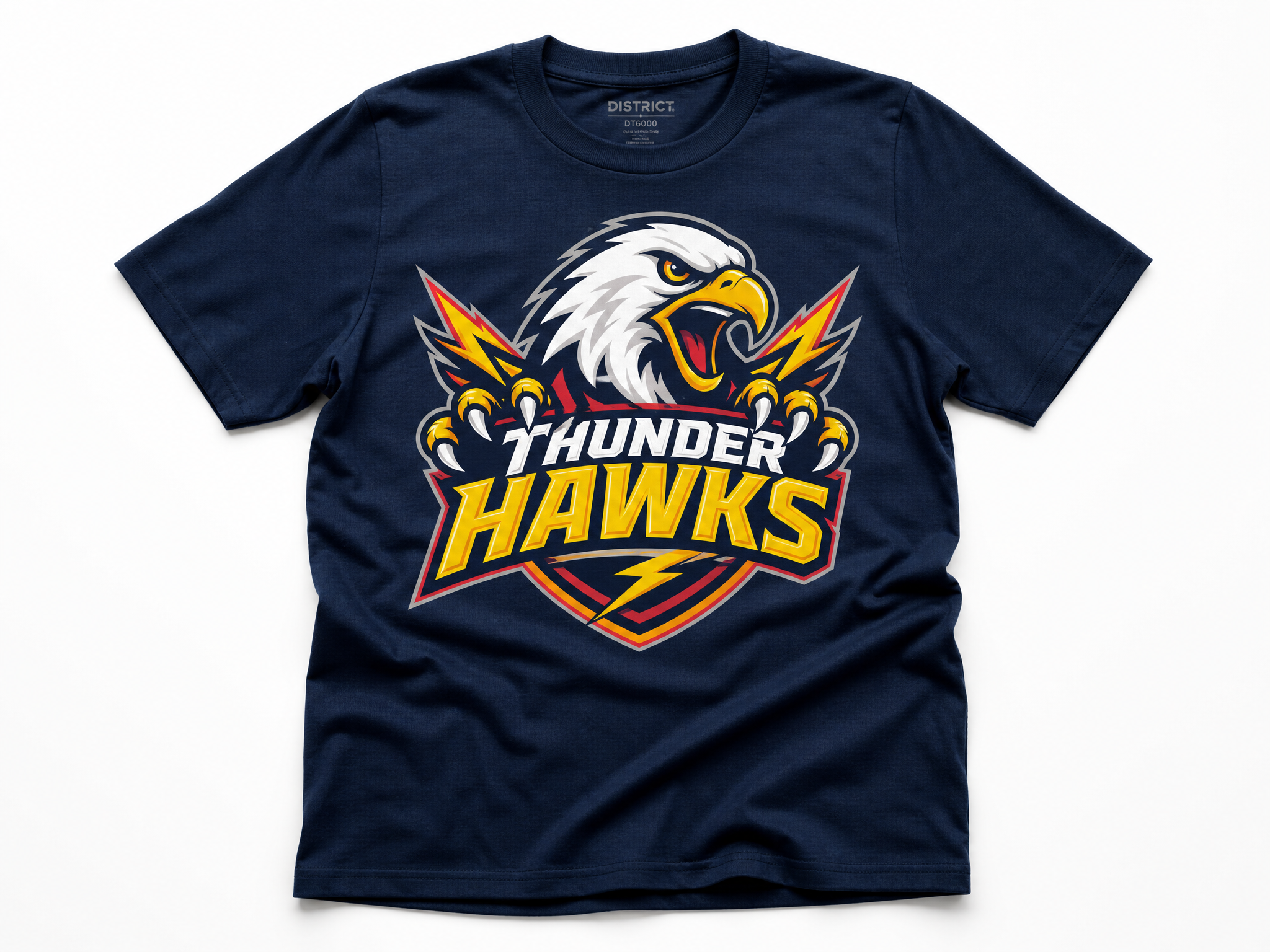 Navy blue t-shirt with full-color sports team DTF logo