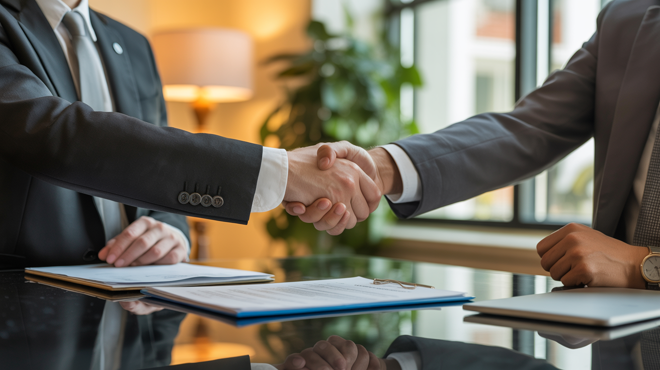 Professional handshake and documents