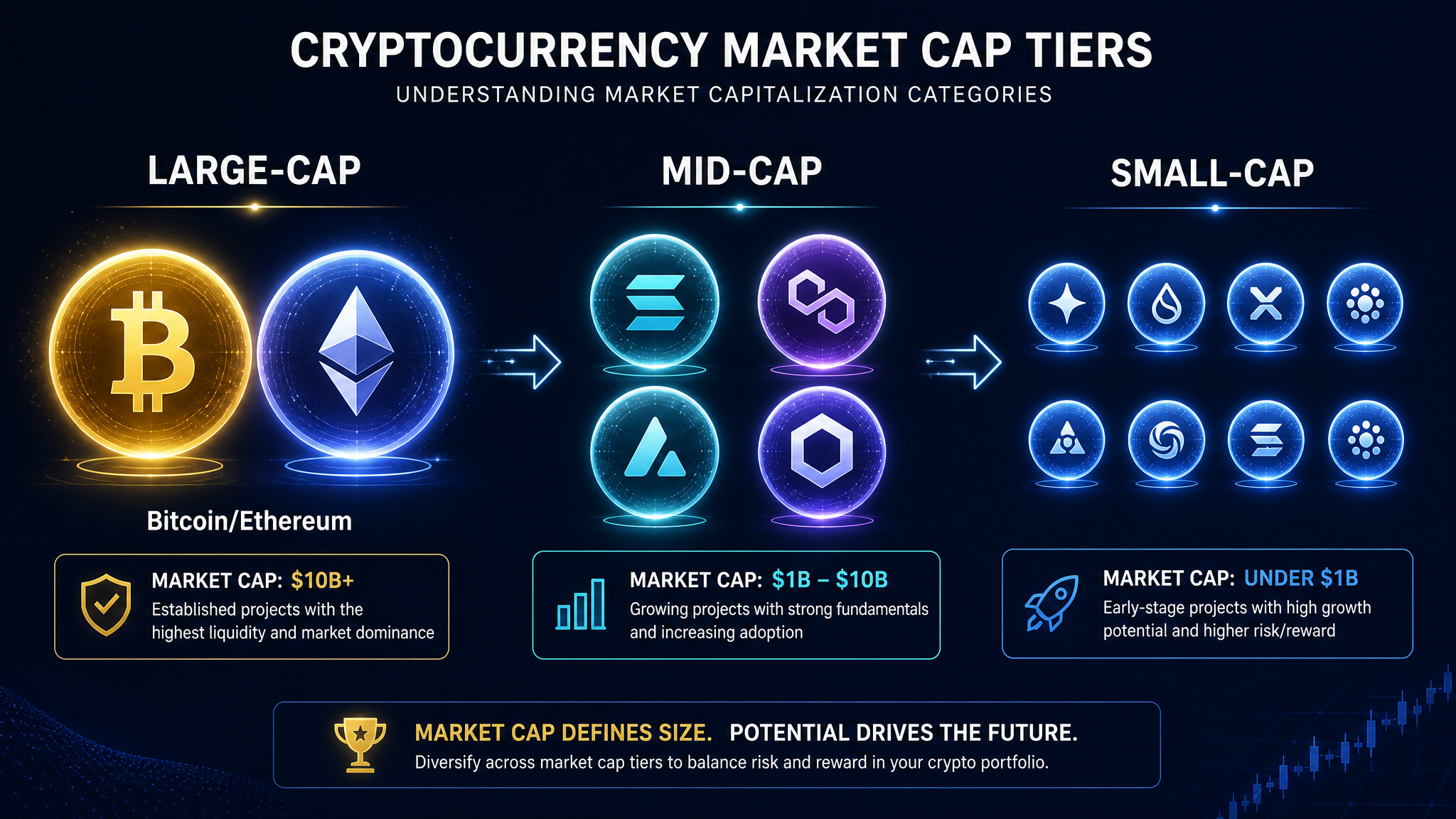 Crypto market cap tiers explained — large cap mid cap small cap cryptocurrency comparison for beginners