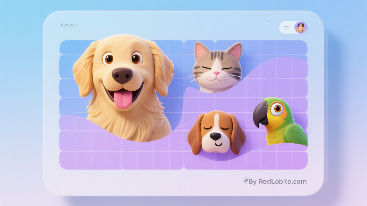 Pet wellbeing tracker with cute pet faces showing different emotions, chart format, pastel blue-lavender, By RedLobito.com