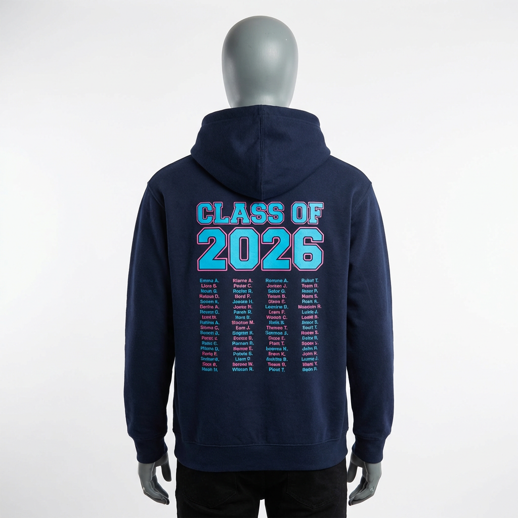 School leavers hoodies back print with class names