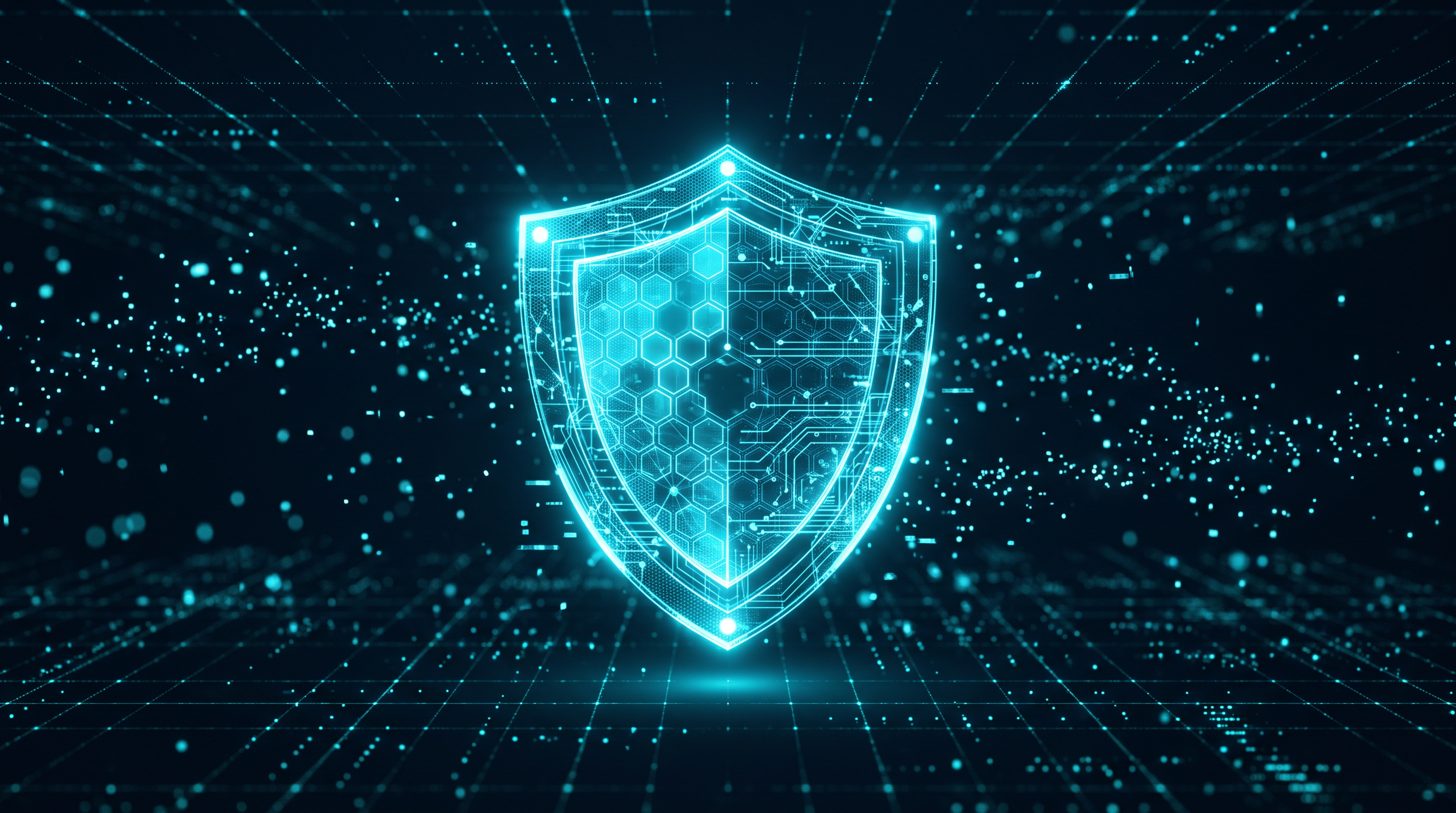 Glowing holographic shield over a grid of data, a symbol of digital protection