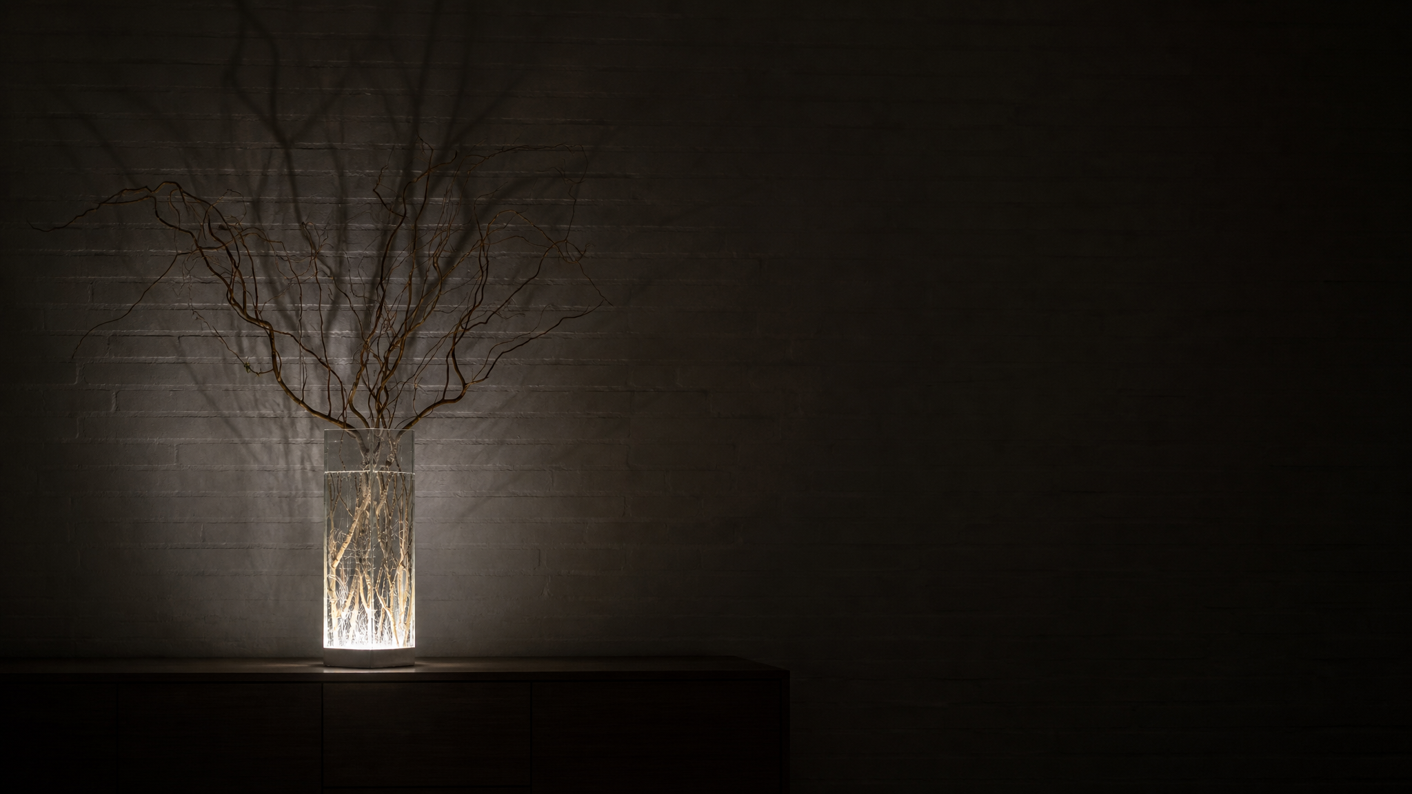A quiet, dark living room at night. The square glass vessel rests on a low console, lit from within and holding curly willow, the only light in the room, its branches casting fine shadows on the wall.