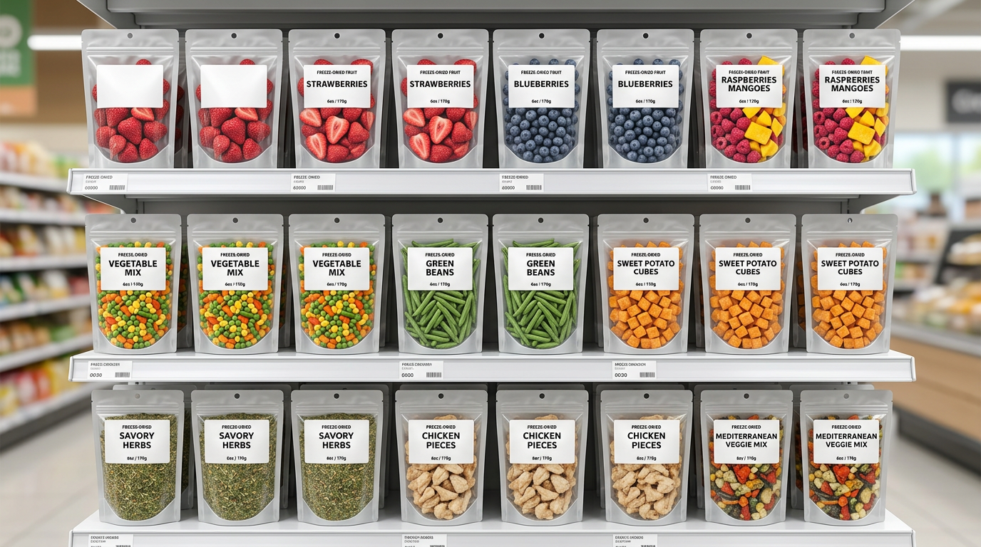 Retail-ready private label freeze dried product pouches with blank labels on a shelf