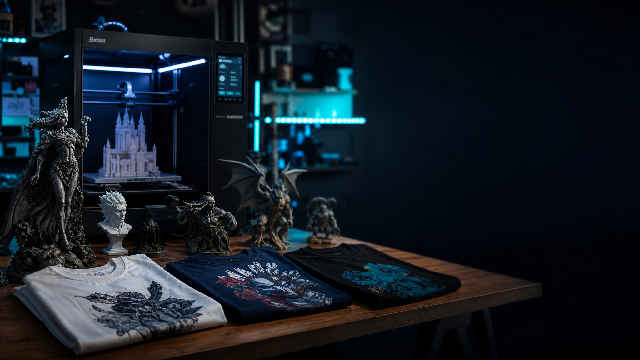 Creative workspace with 3D printer and custom apparel