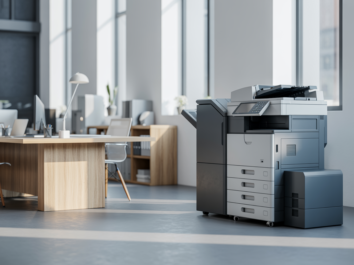 Professional office workspace with leased printing equipment