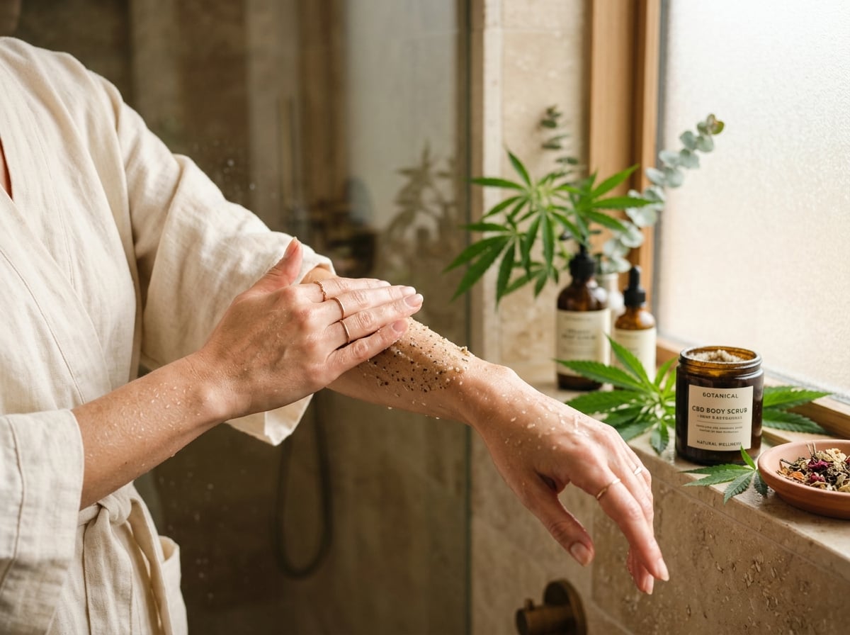 Applying CBD body scrub during skincare routine for smooth radiant skin