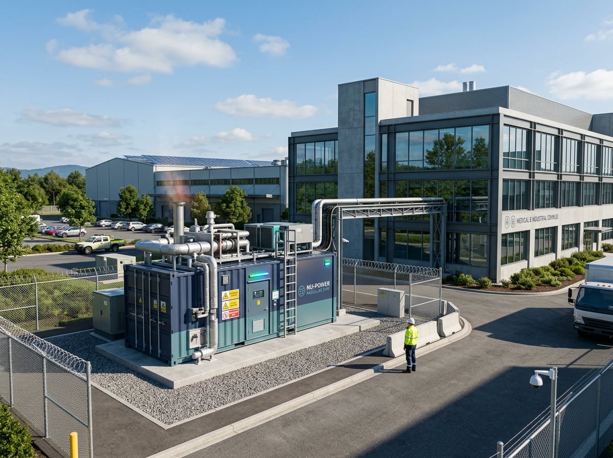 Micro-réacteur modulaire compact installé près d’un bâtiment industriel