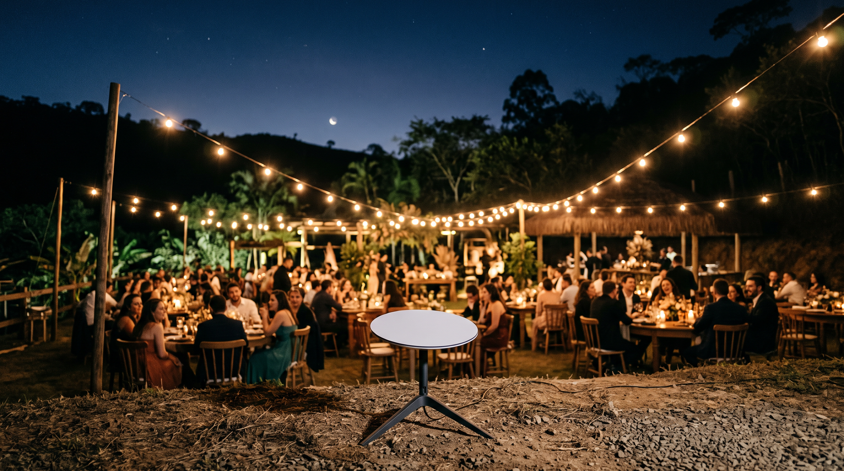 Festa noturna no campo com antena Starlink Mini