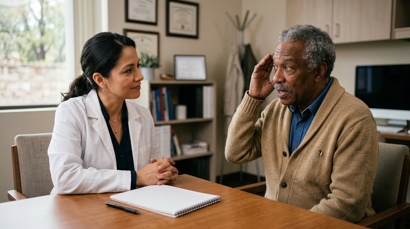 A physiatrist taking a detailed injury history from an older Black male veteran in a clinical office, documenting the mechanism of a head injury during a TBI evaluation