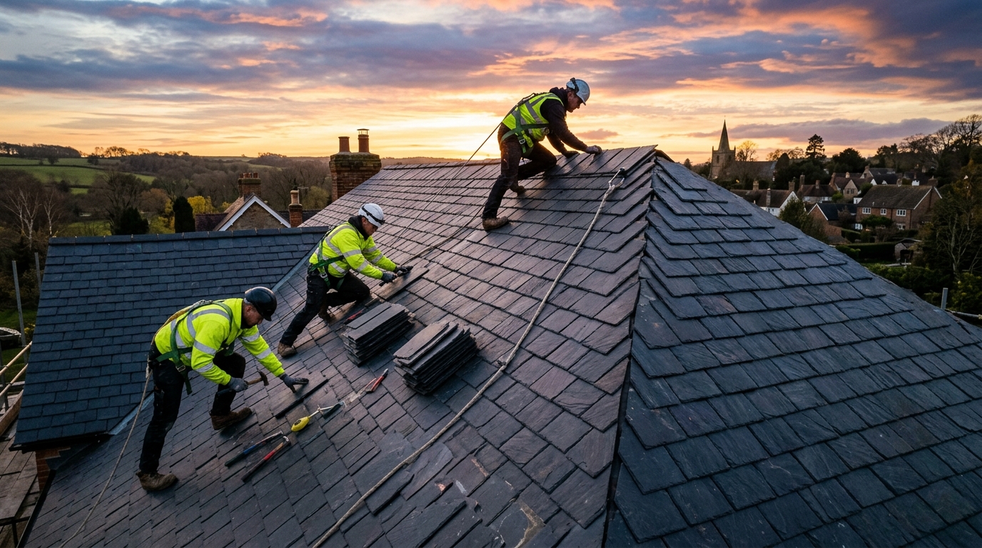 Professional roofers working at sunset