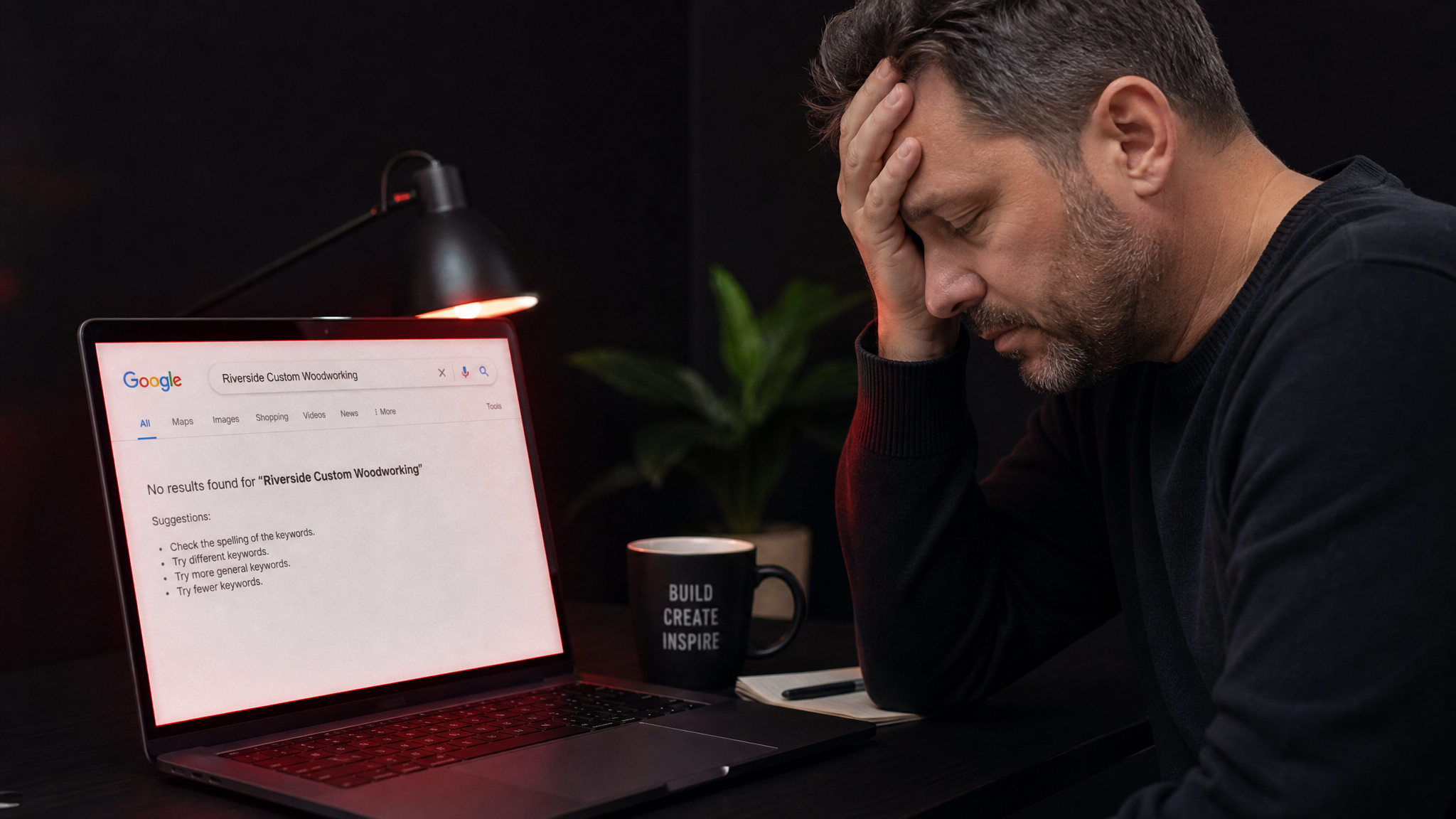 A frustrated business owner at a laptop, searching their own business name on Google and finding nothing