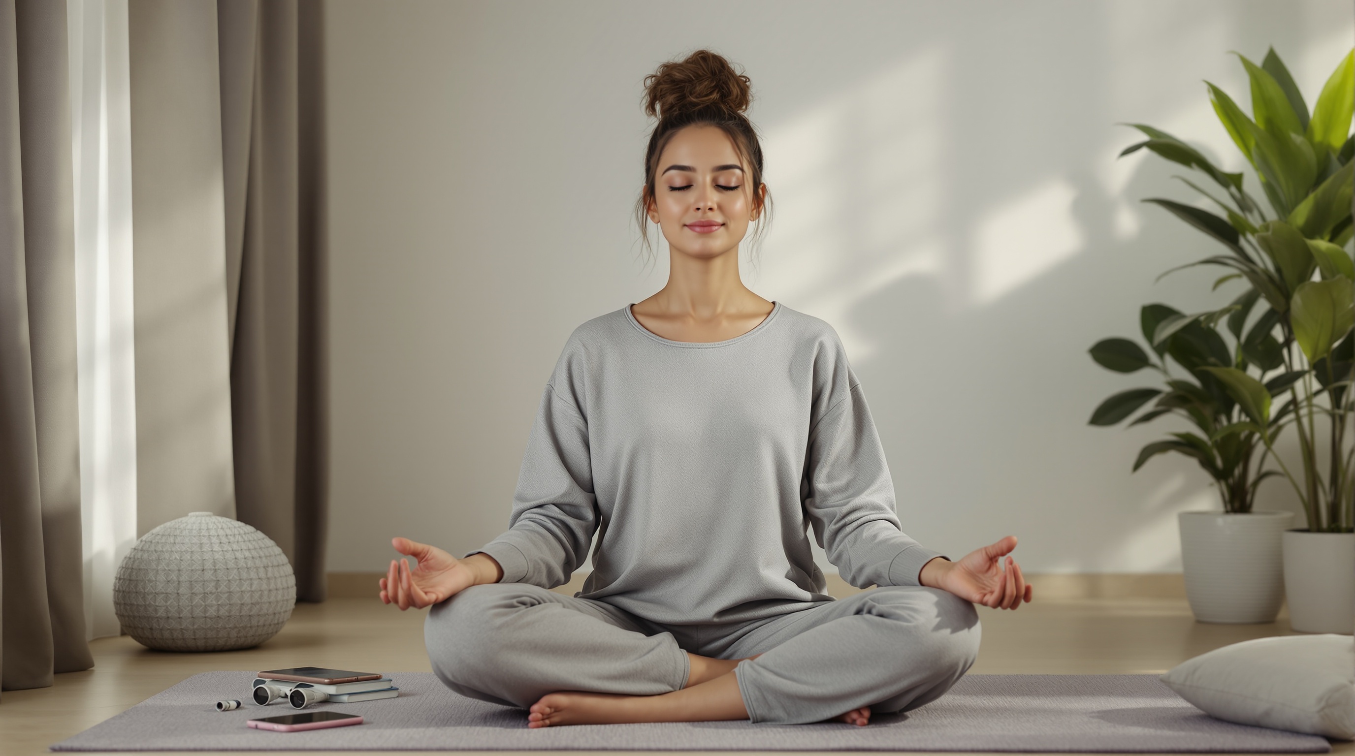 Woman meditating peacefully at home with phone placed aside, representing balance between mind and technology