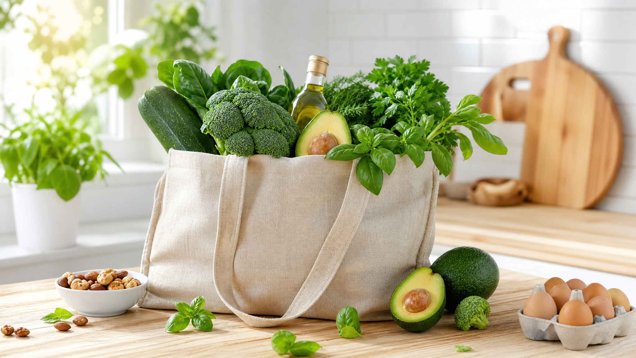 Verse groenten en avocado's in een linnen boodschappentas