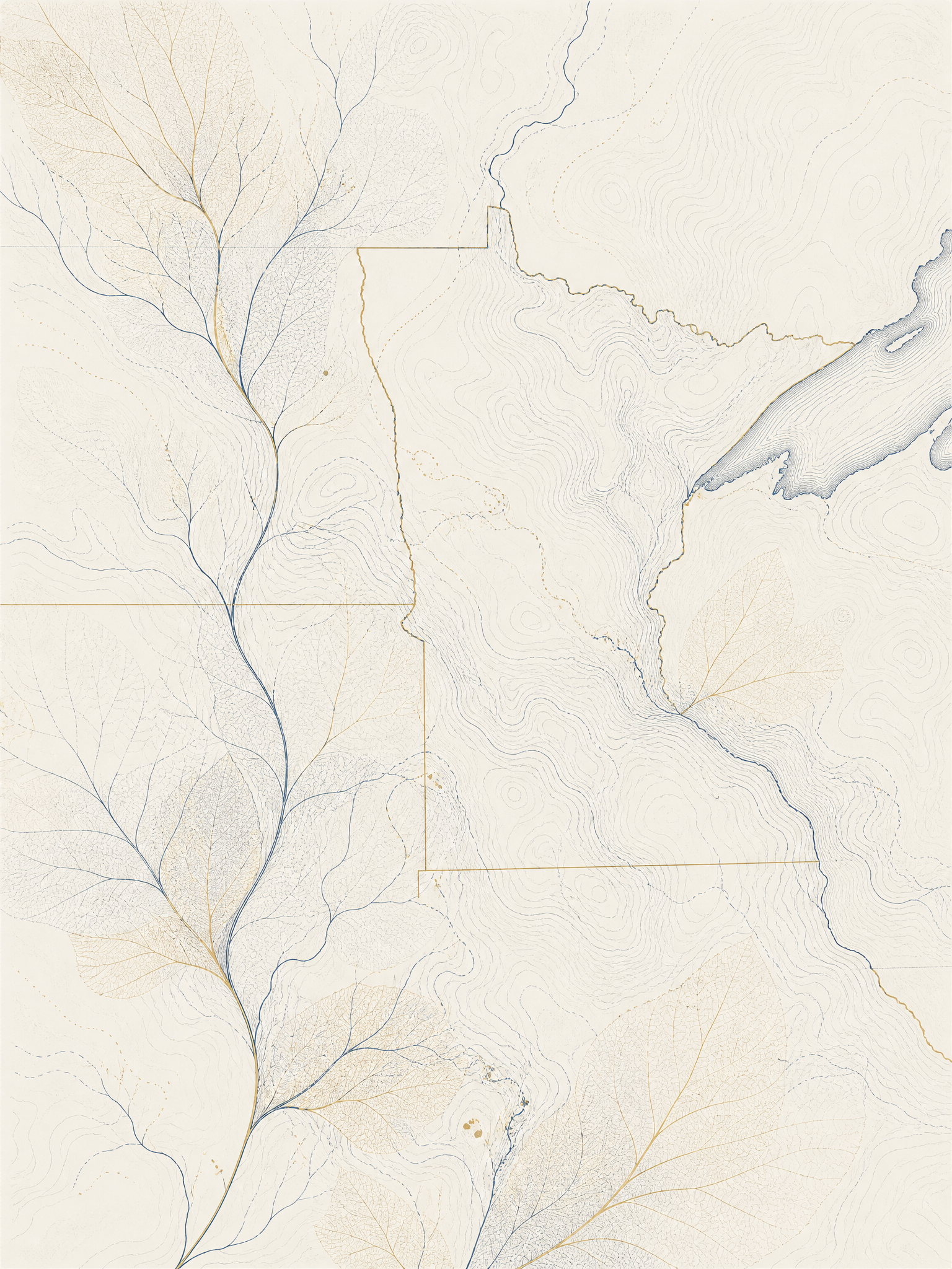 Abstract topographic contour lines of the upper Midwest blended with leaf-vein motifs