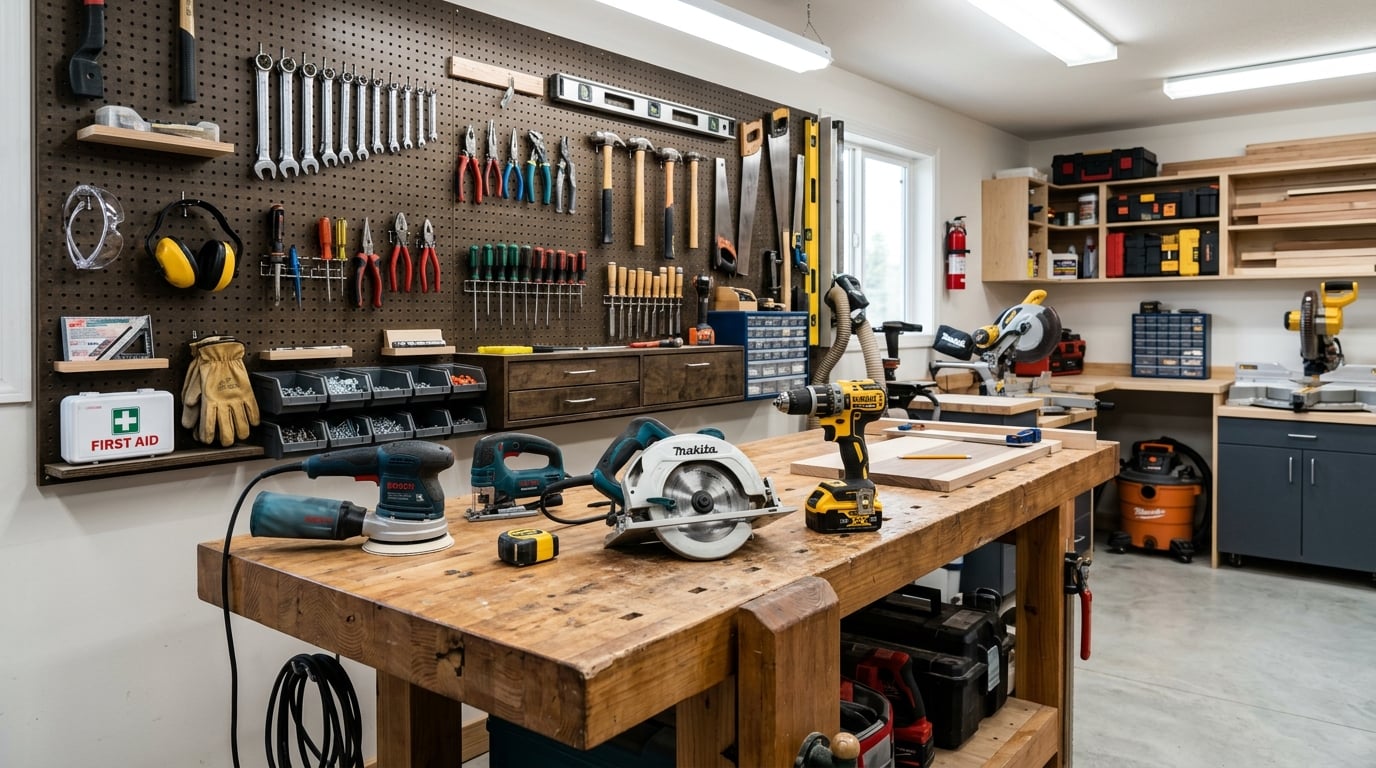 Power tools with battery packs on workshop bench