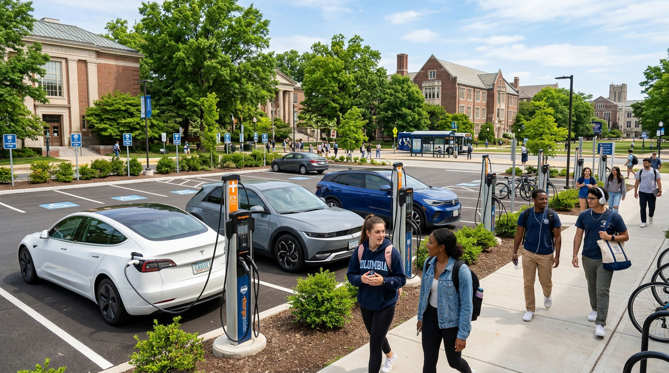 EV charging stations in a university campus parking lot