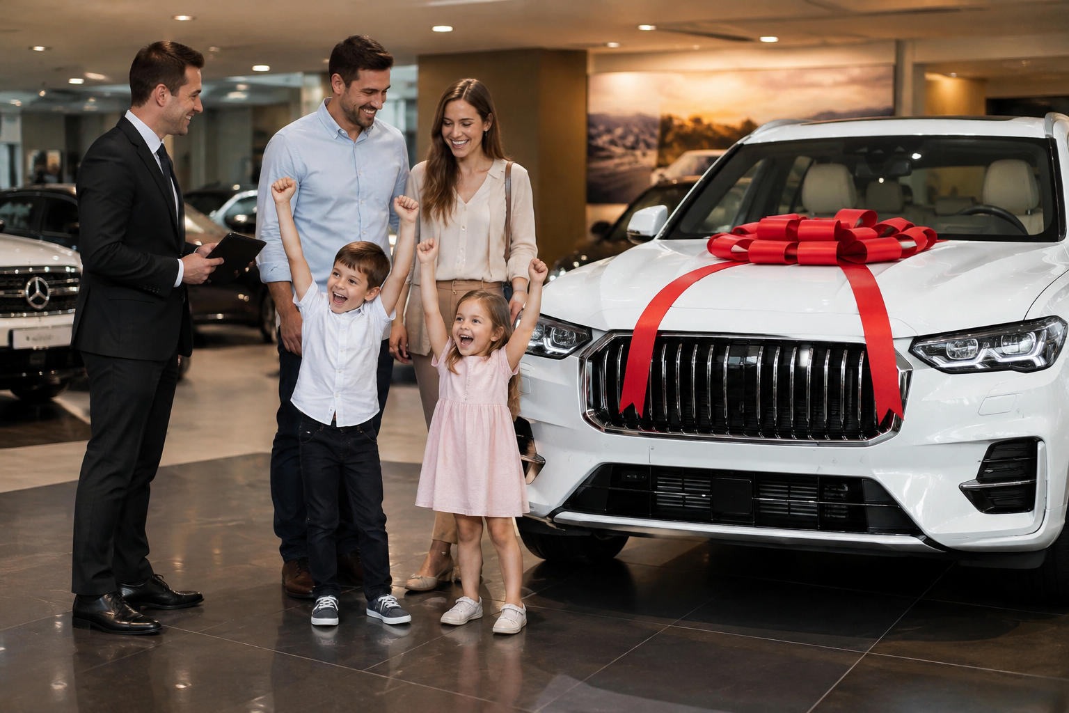 Famille recevant leur nouveau SUV avec joie