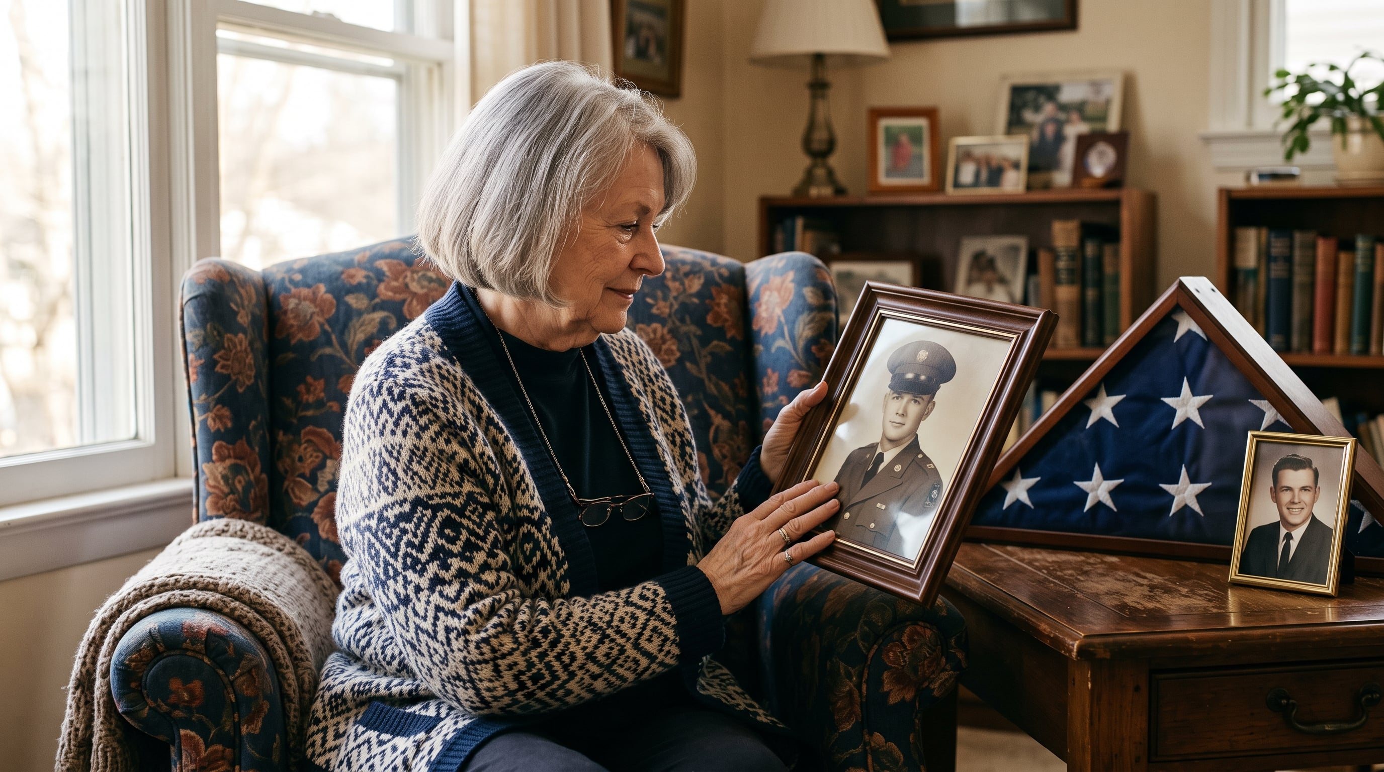 A senior White widow tenderly holding a framed portrait of her late veteran husband, a folded American flag beside her
