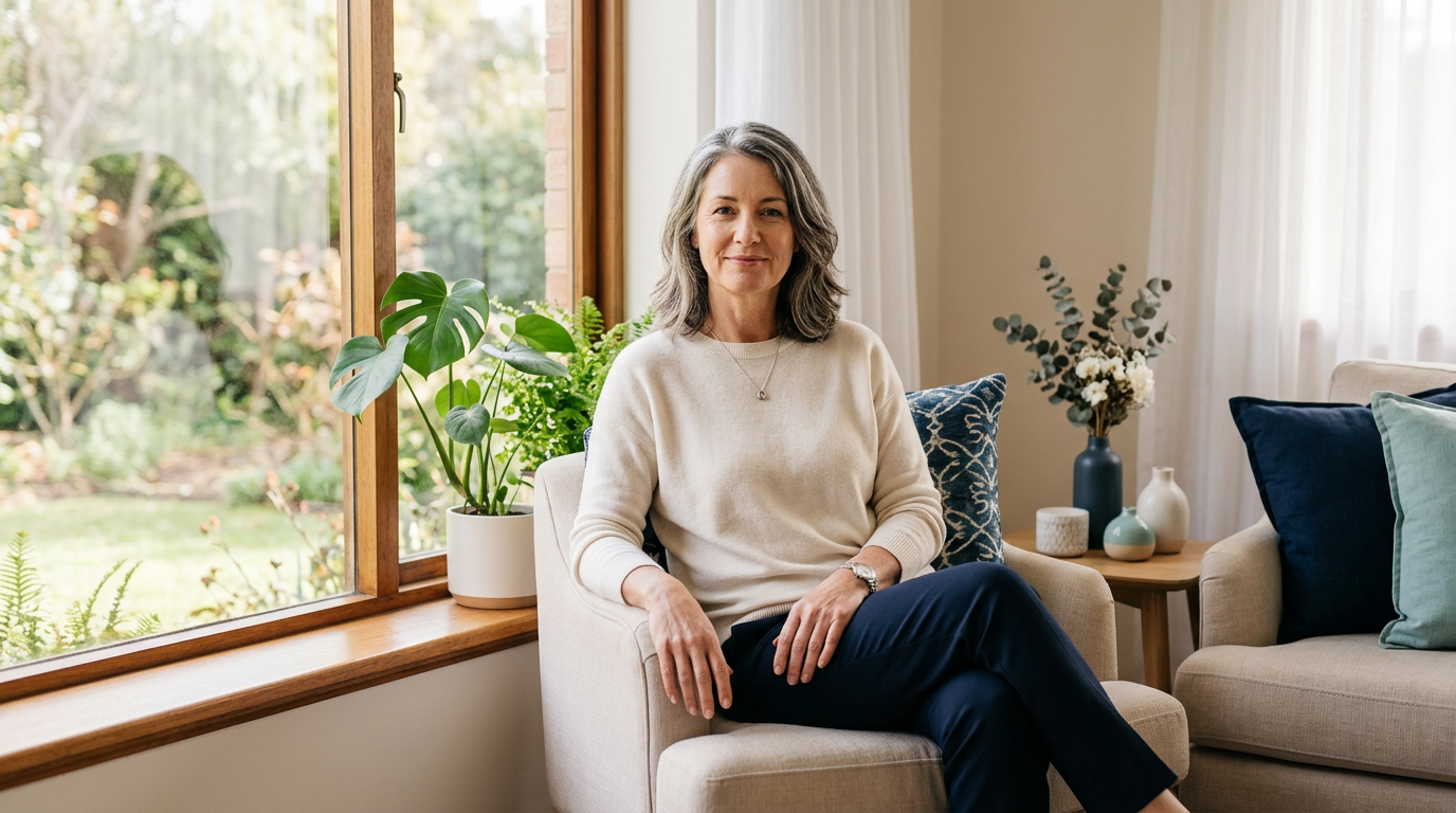 A confident woman in her fifties sitting calmly by a bright window in a warm, serene wellness setting