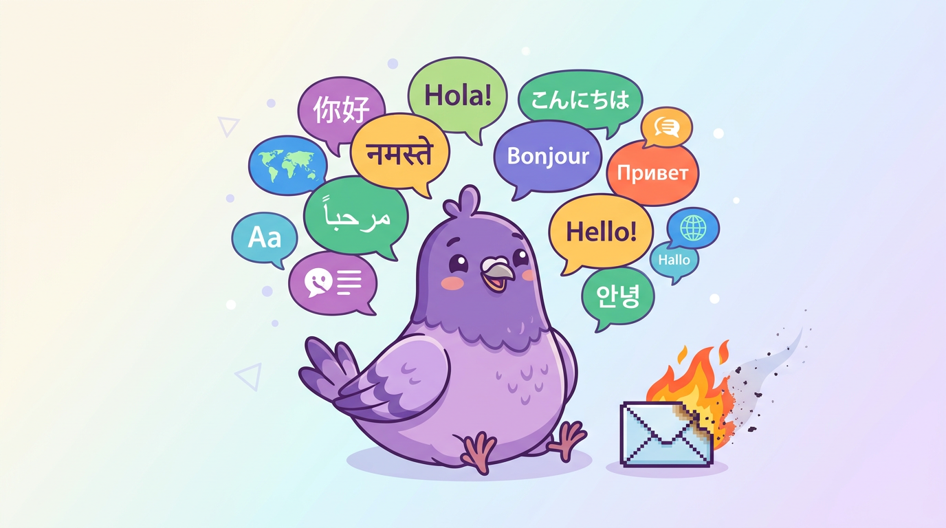 Pigeon mascot surrounded by speech bubbles in different languages next to a disappearing envelope