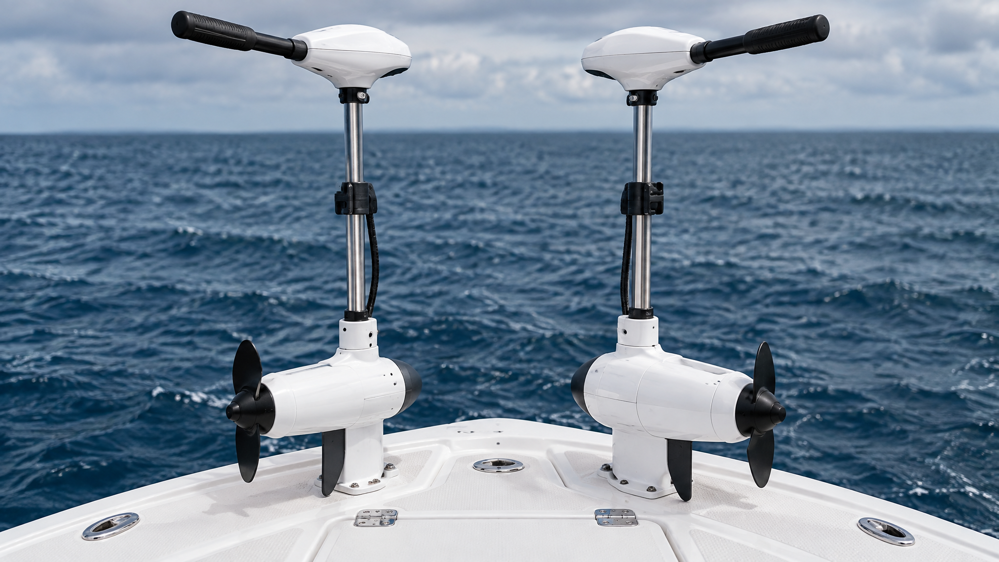 Two white bow-mounted saltwater trolling motors on a fishing boat bow above wind-rippled ocean water.