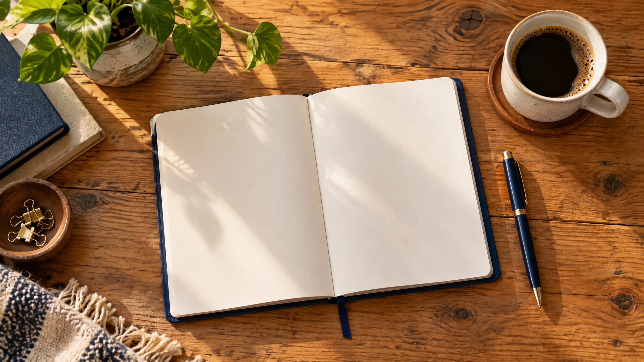 Mesa de trabalho organizada vista de cima com caderno, caneta e café