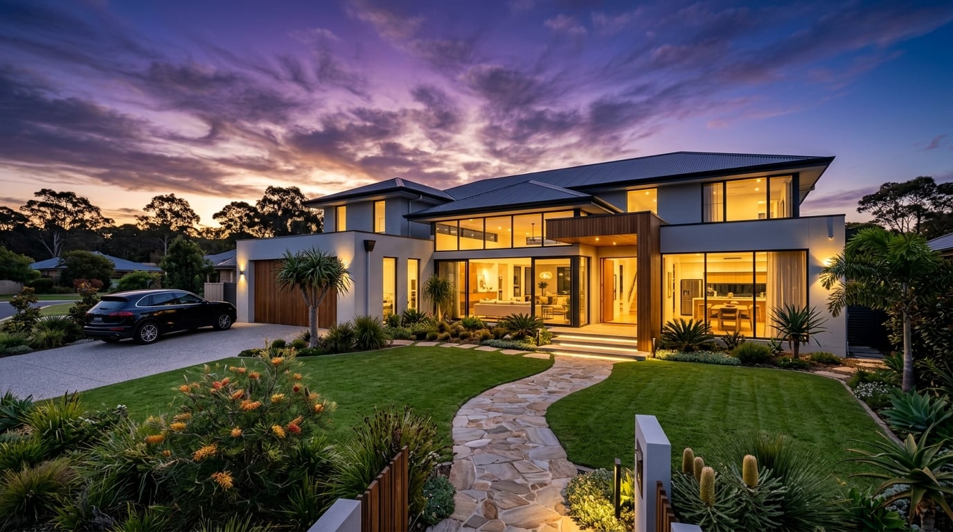 Modern Australian luxury home at twilight