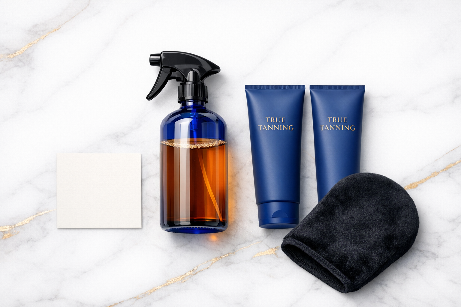TRUE TANNING kit flatlay — spray bottle, gels, mitt and guide