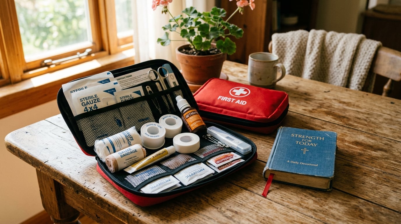 An open first-aid kit with neatly arranged bandages and supplies beside a small Bible in warm natural light