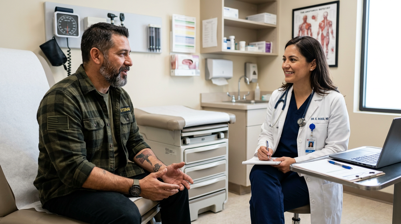 A veteran speaking with a doctor during a medical consultation