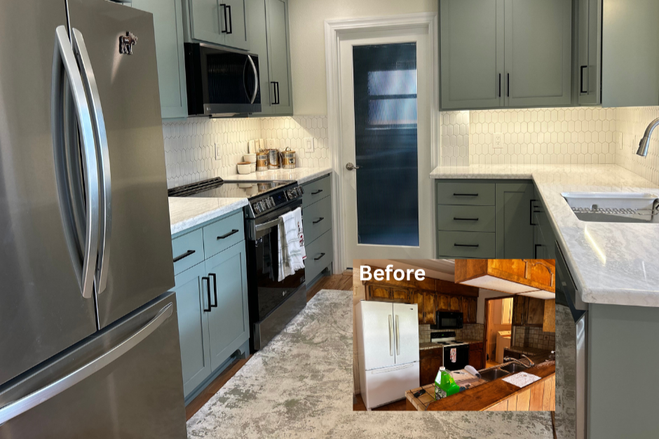 Modern kitchen with dark island and white cabinets