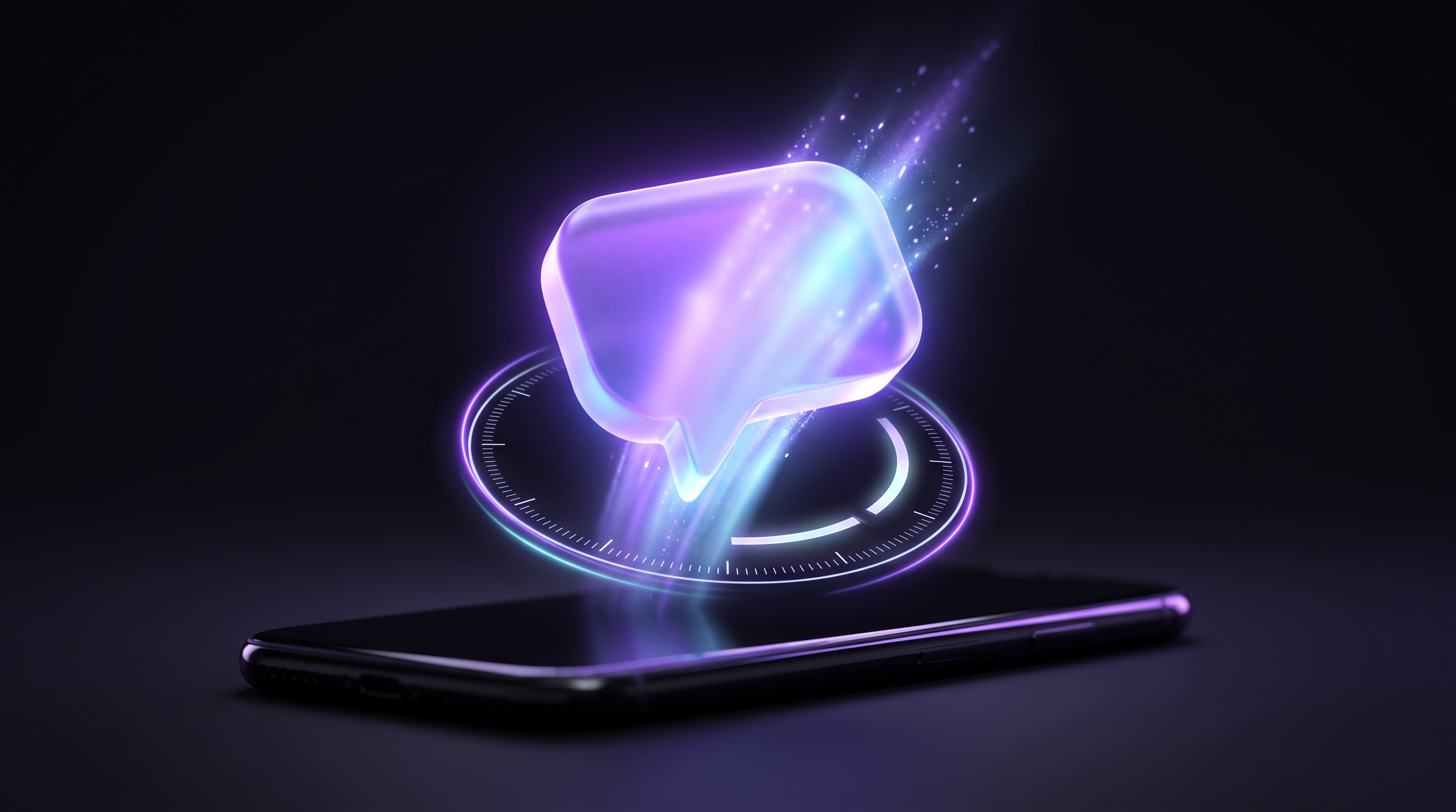 A translucent violet message bubble lifting off a dark phone lying flat, above a glowing circular dial with a spark trailing upward