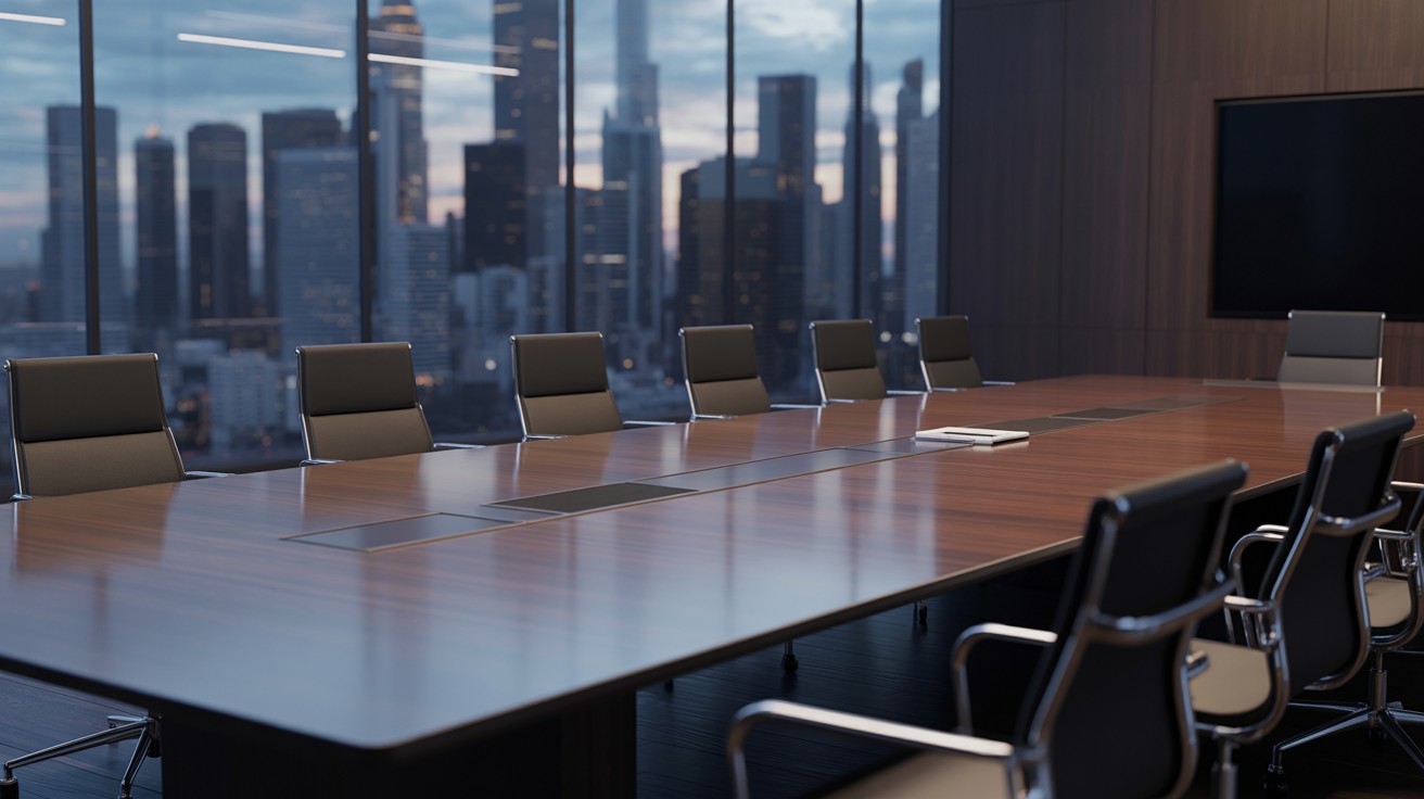 Modern corporate boardroom with city skyline view