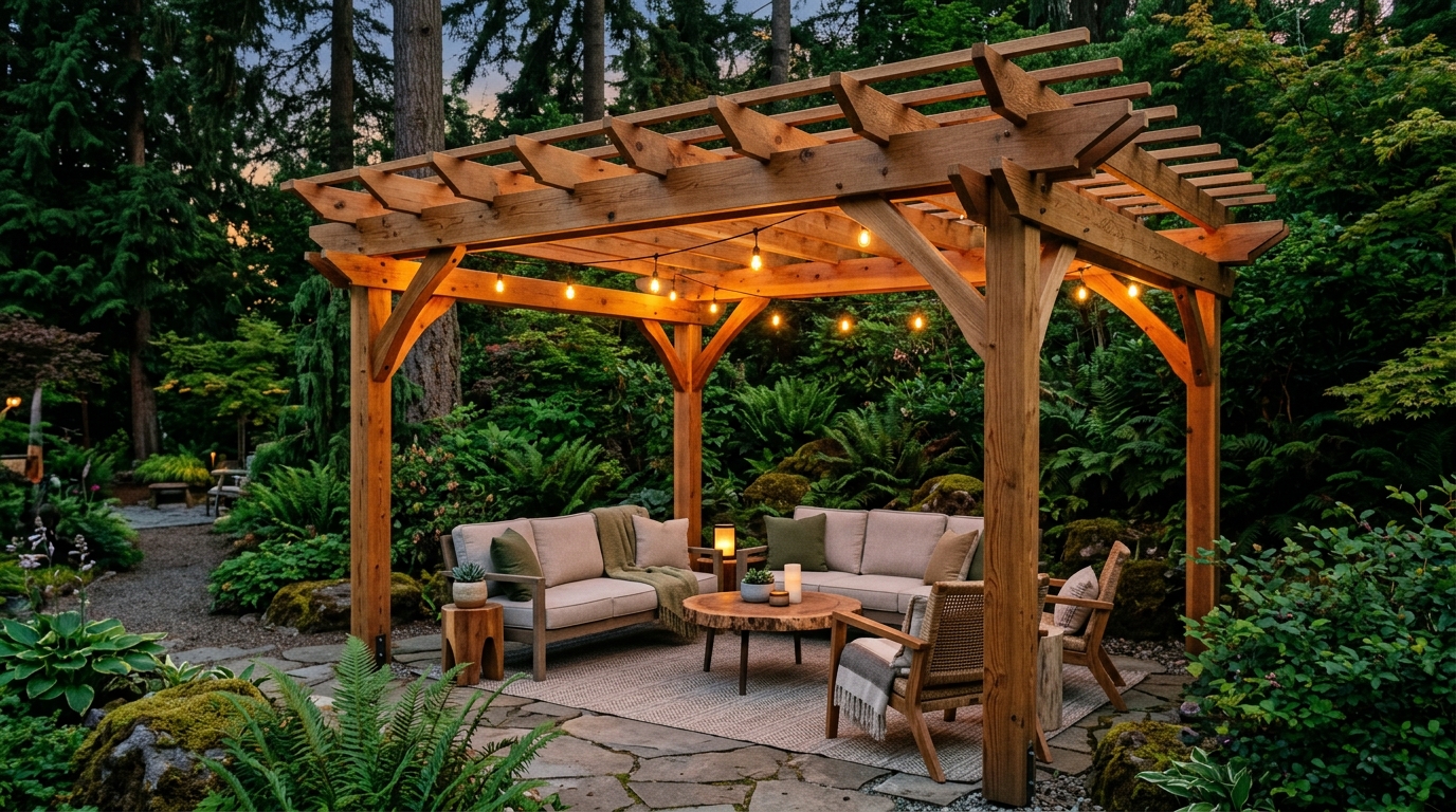 Cedar pergola with warm string lights at twilight