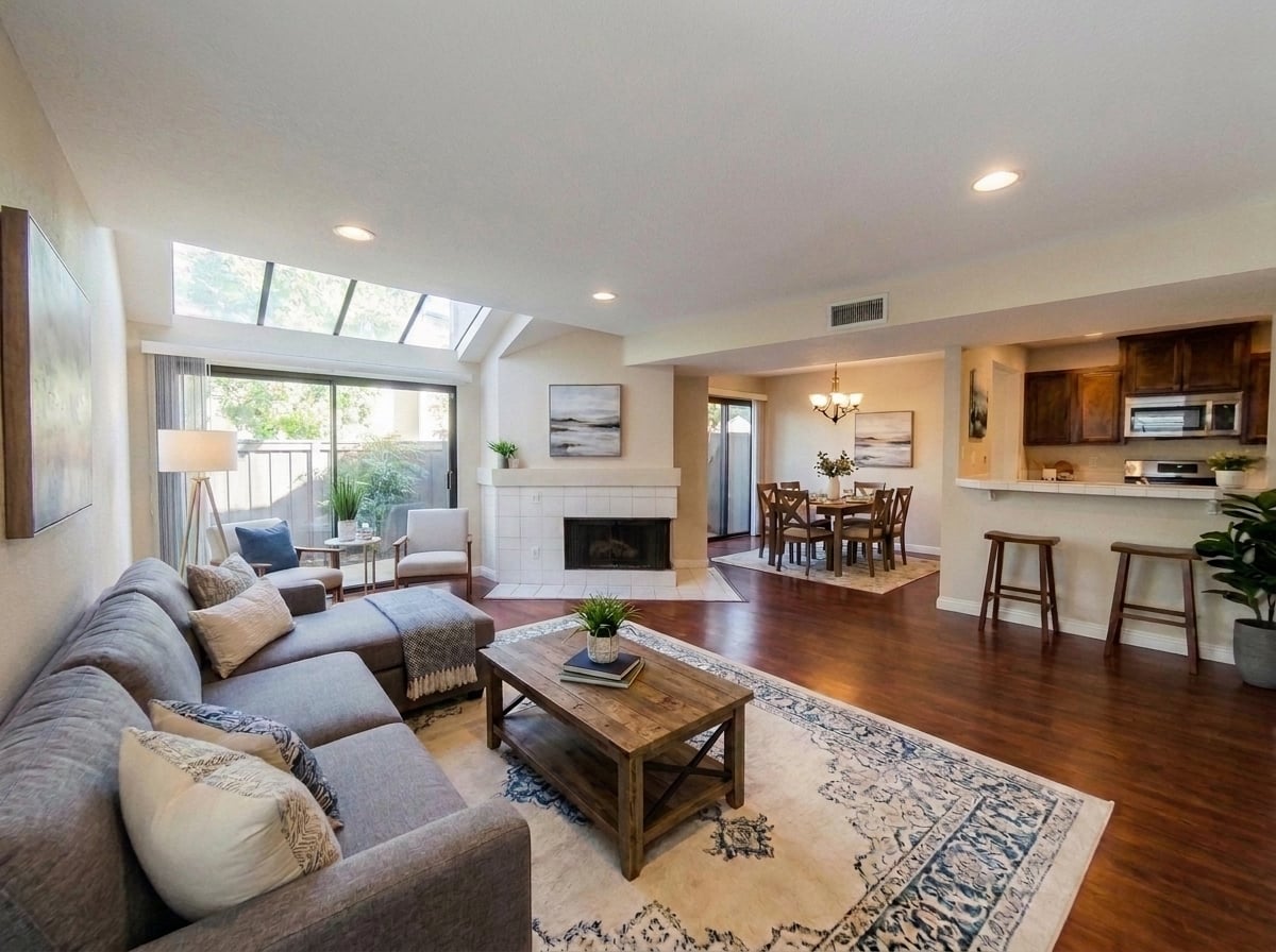 Open living area with fireplace, dining area and kitchen bar