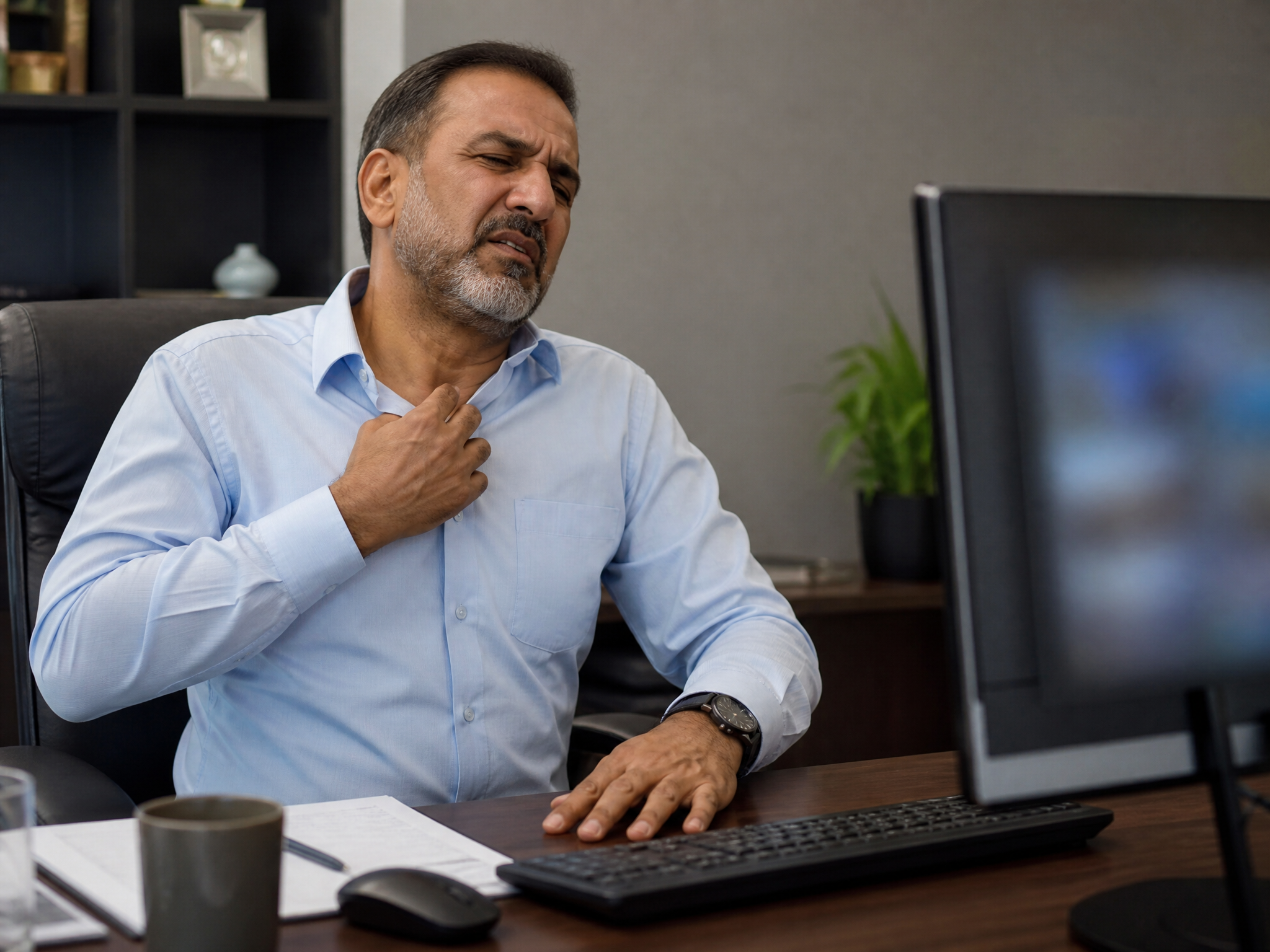 Middle Eastern male veteran in his 50s at an office desk looking strained and loosening his collar struggling with occupational demands due to cardiac limitations