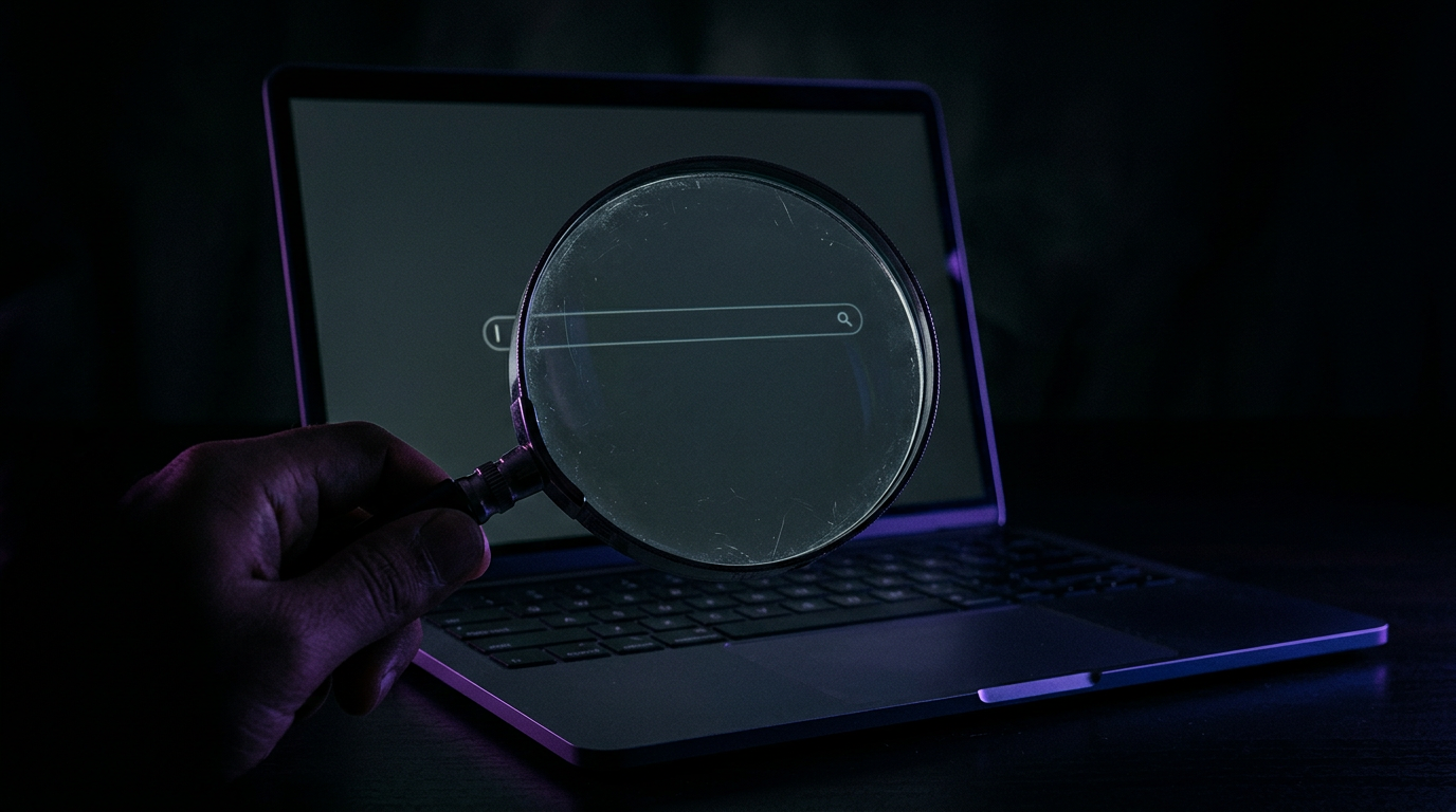 A magnifying glass over a laptop screen showing an empty Google results page