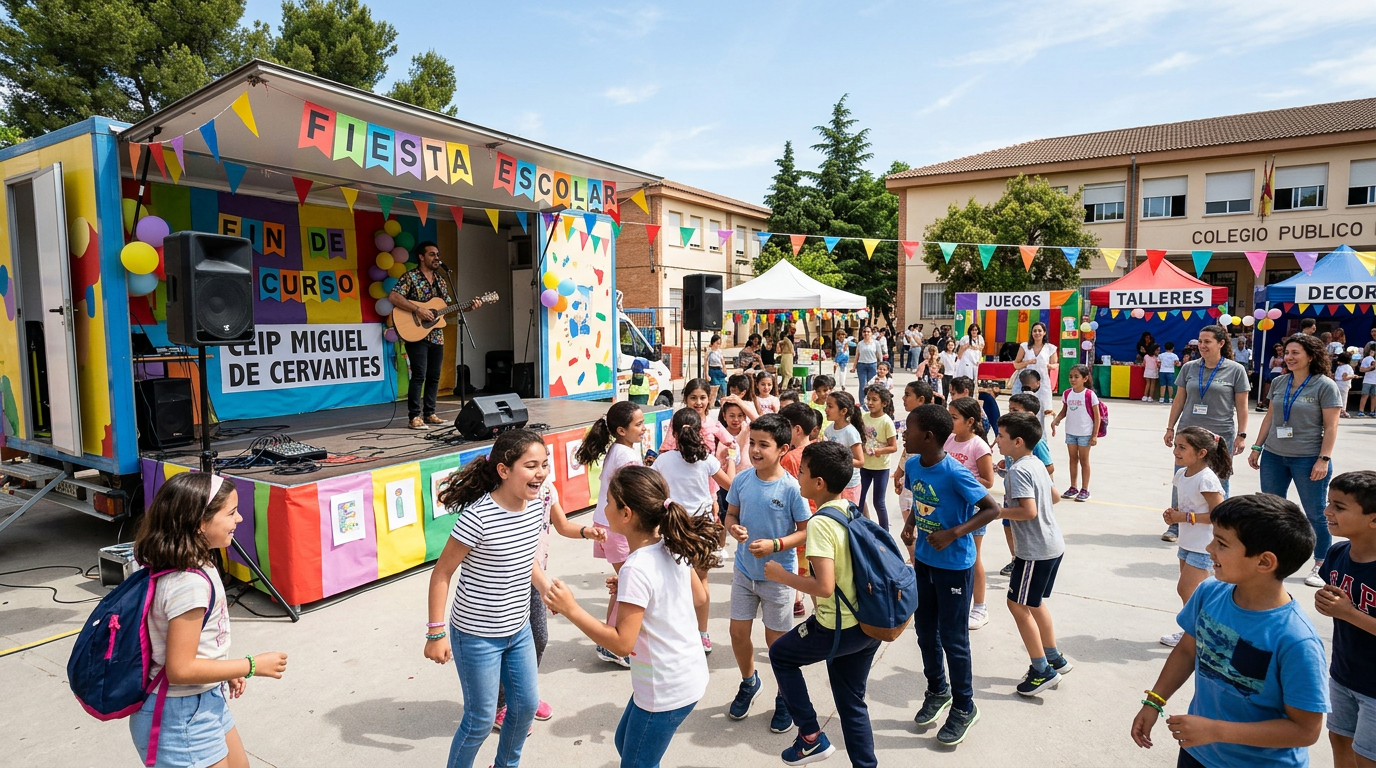 Festival escolar con niños disfrutando de actividades al aire libre