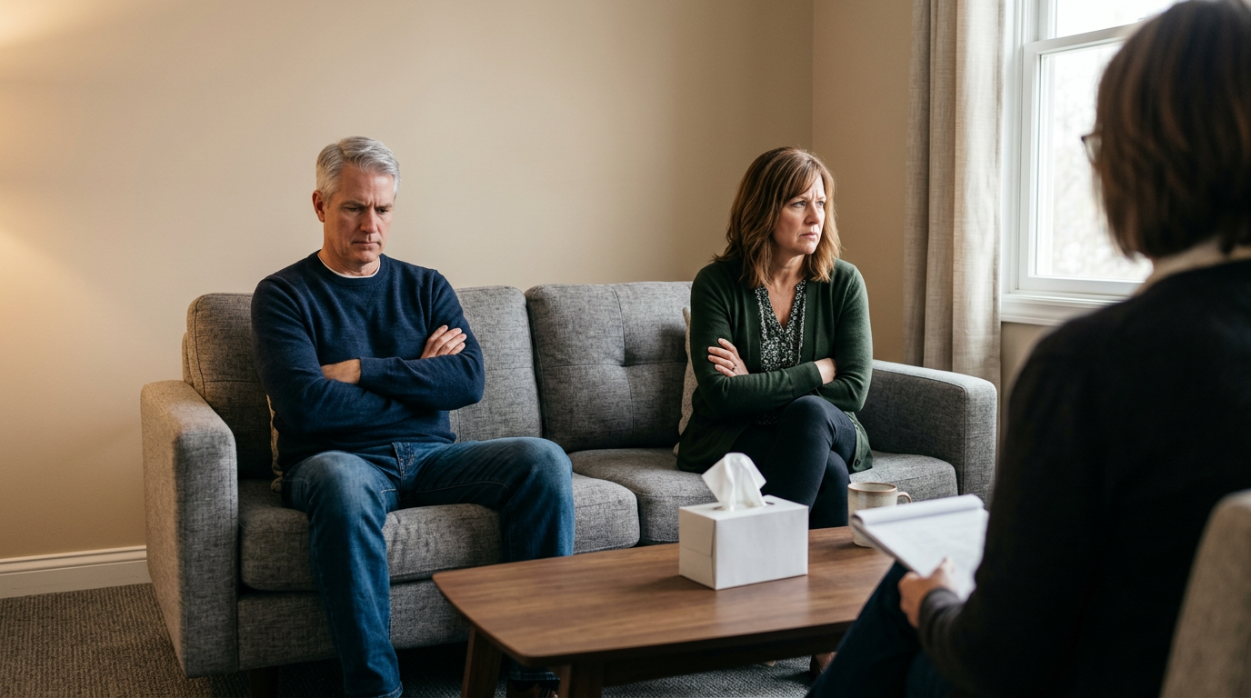 Veteran couple in a counseling session addressing marital strain caused by erectile dysfunction